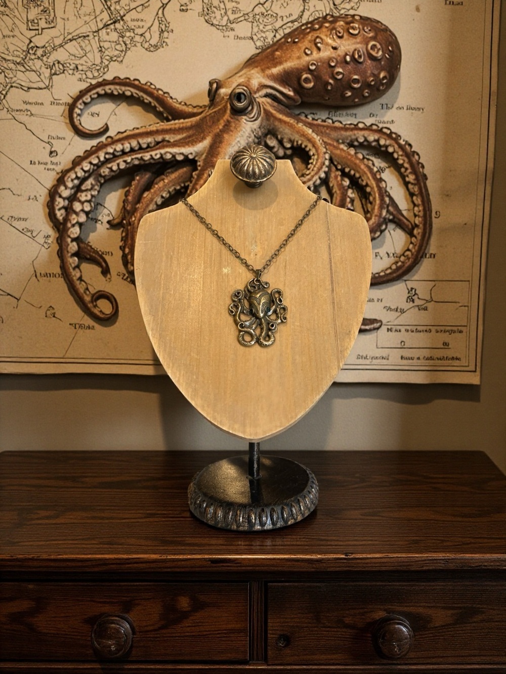Bronze Octopus/Kraken Pendant Necklace with Green Accent Eyes - Picture 9 of 17